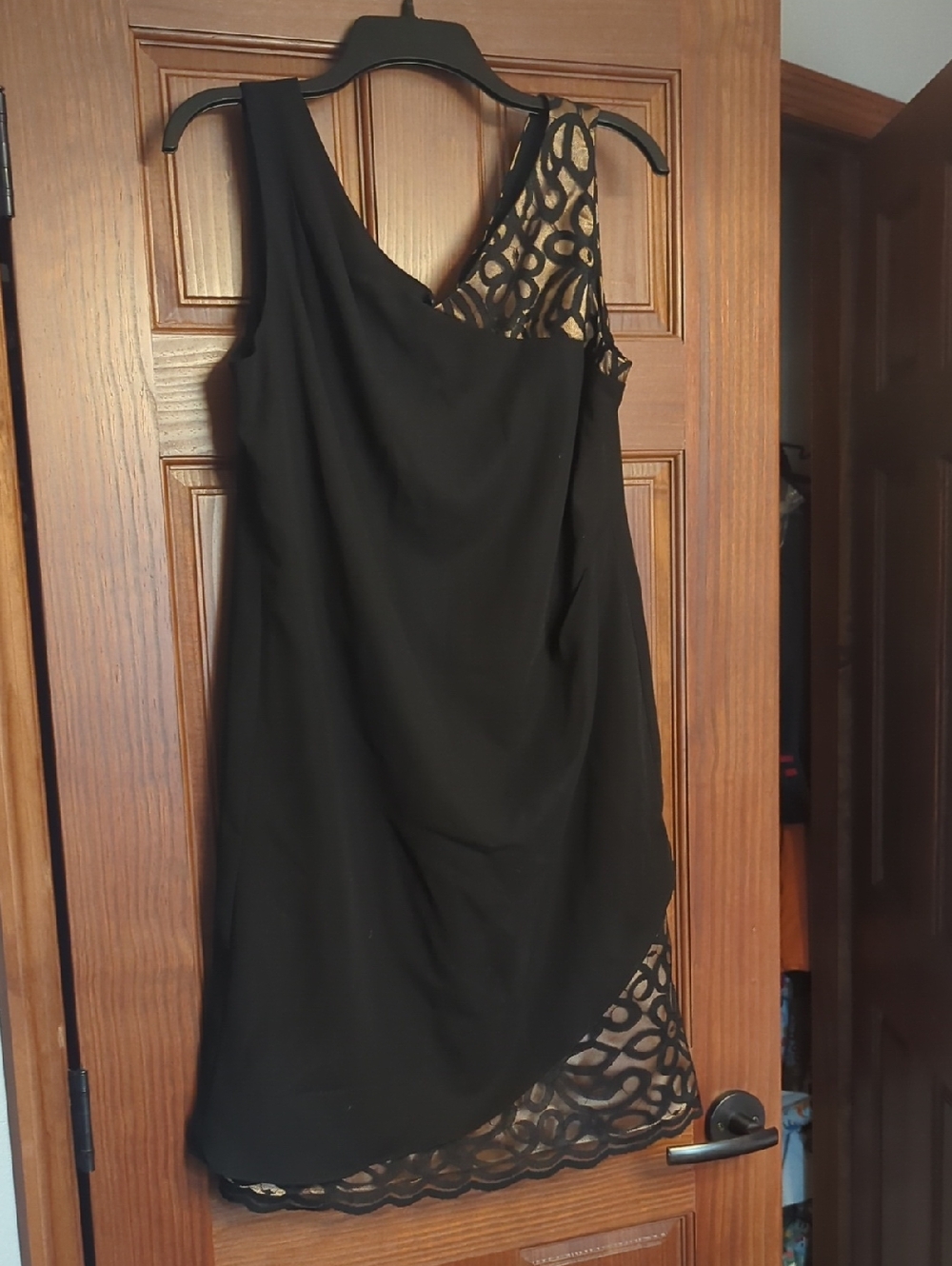 S.L. Fashions Black One-Shoulder Dress with Gold Lace Detail